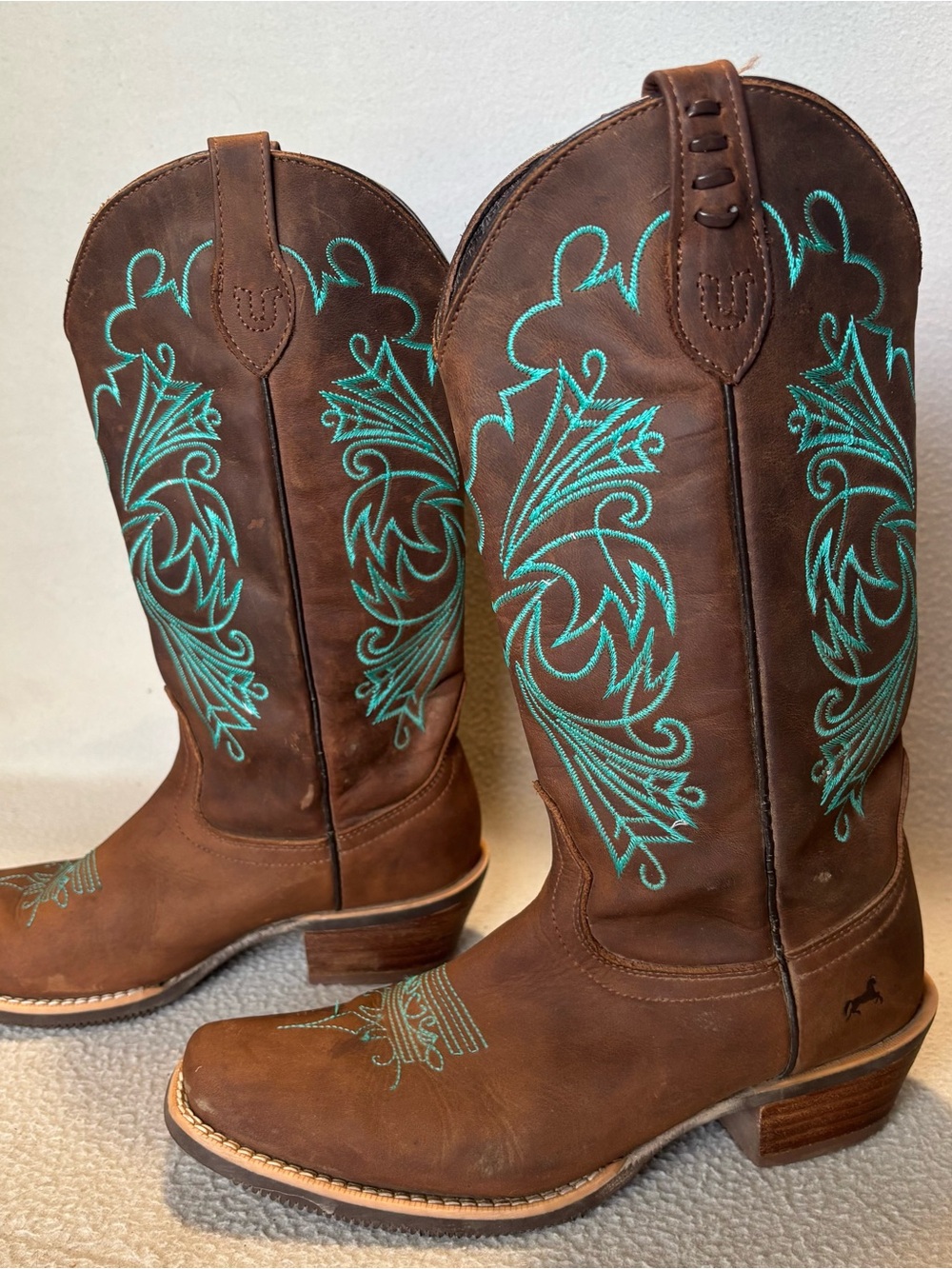 Pecos Bill size 7.5 Brown Leather Western Cowgirl Boots with Turquoise Stitching